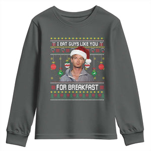 Funny Christmas Jeffrey Dahmer Youth Sweatshirt I Eat Guys Like You For Breakfast Serial Killer TS11 Dark Heather Print Your Wear