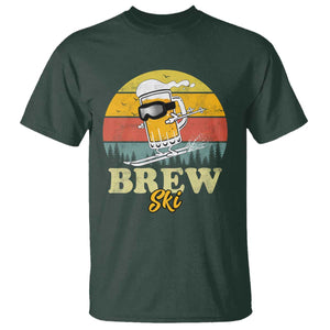 Brewski Skiing Beer T Shirt Funny Skiing Skier Ski Vacation Retro Sunset TS11 Dark Forest Green Print Your Wear