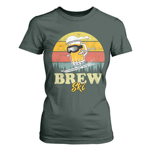 Brewski Skiing Beer T Shirt For Women Funny Skiing Skier Ski Vacation Retro Sunset TS11 Dark Forest Green Print Your Wear