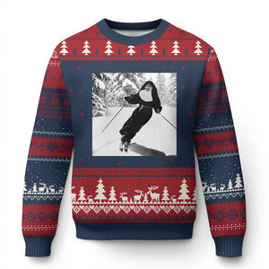 Funny Skiing Nun Graphics Photo Skier Winter Sport Ugly Christmas Sweater TS11 Navy Red Print Your Wear