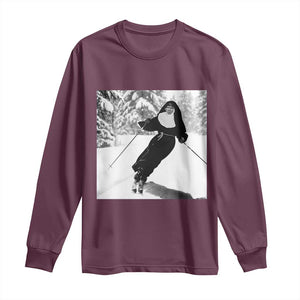 Funny Skiing Nun Graphics Photo Skier Winter Sport Long Sleeve Shirt TS11 Maroon Print Your Wear