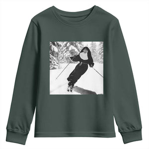 Funny Skiing Nun Graphics Photo Skier Winter Sport Youth Sweatshirt TS11 Dark Forest Green Print Your Wear