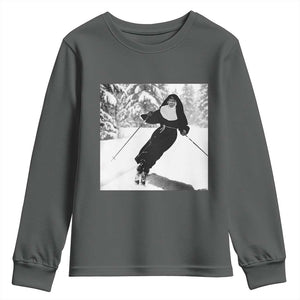 Funny Skiing Nun Graphics Photo Skier Winter Sport Youth Sweatshirt TS11 Dark Heather Print Your Wear