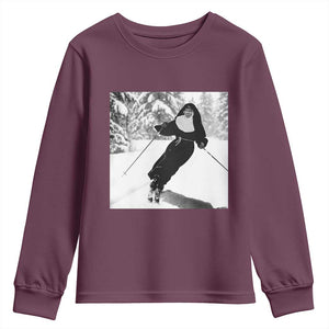 Funny Skiing Nun Graphics Photo Skier Winter Sport Youth Sweatshirt TS11 Maroon Print Your Wear