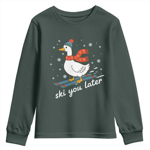 Funny Skiing Goose Youth Sweatshirt Ski You Later Winter Vacation Sport TS11 Dark Forest Green Print Your Wear