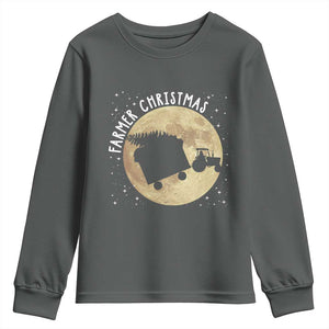 Funny Farmer Christmas Youth Sweatshirt Xmas Santa Farm Tractor Moon TS11 Dark Heather Print Your Wear