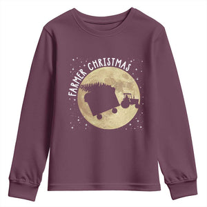 Funny Farmer Christmas Youth Sweatshirt Xmas Santa Farm Tractor Moon TS11 Maroon Print Your Wear