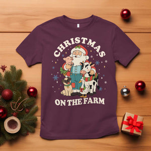 Funny Xmas On The Farm T Shirt Christmas Farmer Santa Claus Livestock TS11 Maroon Print Your Wear