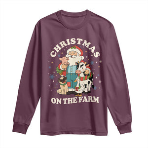 Funny Xmas On The Farm Long Sleeve Shirt Christmas Farmer Santa Claus Livestock TS11 Maroon Print Your Wear
