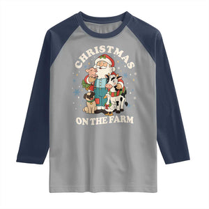 Funny Xmas On The Farm Raglan Shirt Christmas Farmer Santa Claus Livestock TS11 Sport Gray Navy Print Your Wear