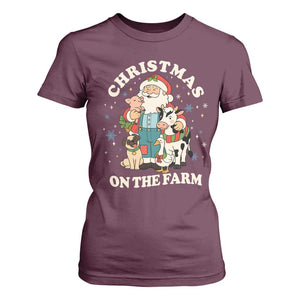 Funny Xmas On The Farm T Shirt For Women Christmas Farmer Santa Claus Livestock TS11 Maroon Print Your Wear