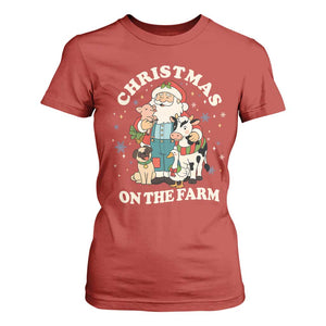 Funny Xmas On The Farm T Shirt For Women Christmas Farmer Santa Claus Livestock TS11 Red Print Your Wear