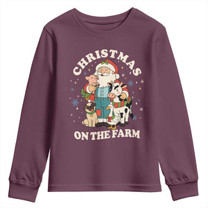 Funny Xmas On The Farm Youth Sweatshirt Christmas Farmer Santa Claus Livestock TS11 Maroon Print Your Wear