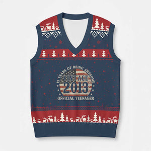 13th Birthday 2026 V-Neck Knit Sweater Vest Vintage 2013 Official Teenager 13 Years Of Being Awesome TS11 Navy Red Print Your Wear