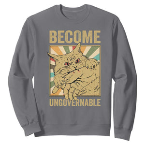 Become Ungovernable Cat Sweatshirt Funny Retro Cat Bite Horror Anime TS11 Charcoal Print Your Wear