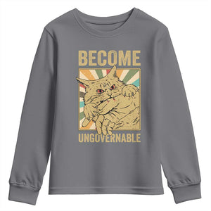 Become Ungovernable Cat Youth Sweatshirt Funny Retro Cat Bite Horror Anime TS11 Charcoal Print Your Wear