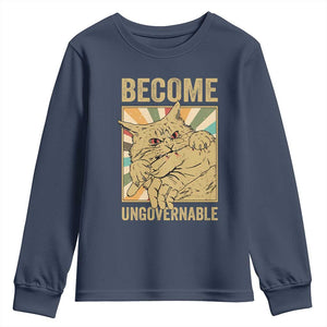 Become Ungovernable Cat Youth Sweatshirt Funny Retro Cat Bite Horror Anime TS11 Navy Print Your Wear