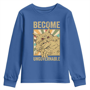 Become Ungovernable Cat Youth Sweatshirt Funny Retro Cat Bite Horror Anime TS11 Royal Blue Print Your Wear