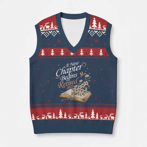 A New Chapter Begins Retired 2026 V-Neck Knit Sweater Vest Retired Teacher Floral Book TS11 Navy Red Print Your Wear