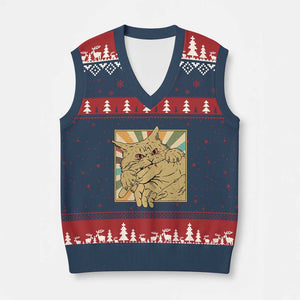 Funny Cat Bite Horror Anime Crazy Kitten Japanese V-Neck Knit Sweater Vest TS11 Navy Red Print Your Wear