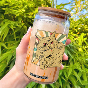 Funny Cat Bite Horror Anime Crazy Kitten Japanese Glass Can TS11 Black Print Your Wear