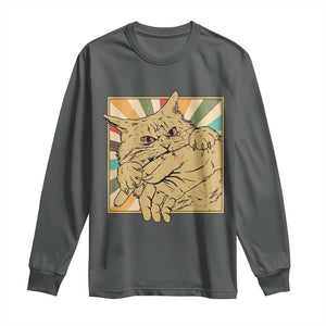 Funny Cat Bite Horror Anime Crazy Kitten Japanese Long Sleeve Shirt TS11 Dark Heather Print Your Wear