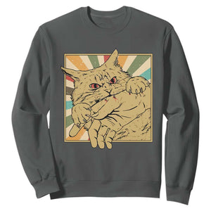 Funny Cat Bite Horror Anime Crazy Kitten Japanese Sweatshirt TS11 Dark Heather Print Your Wear