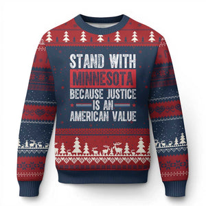Stand With Minnesota Because Justice Is An American Value Ugly Christmas Sweater Political Statement TS11 Navy Red Print Your Wear