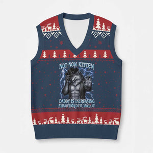 Not Now Kitten Daddy Is Increasing Shareholder Value V-Neck Knit Sweater Vest Funny Alpha Wolf Meme Unhinged Brainrot TS11 Navy Red Print Your Wear