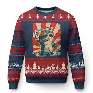 Funny DJ Cat with Headphones Retro Music Lover Ugly Christmas Sweater TS11 Navy Red Print Your Wear