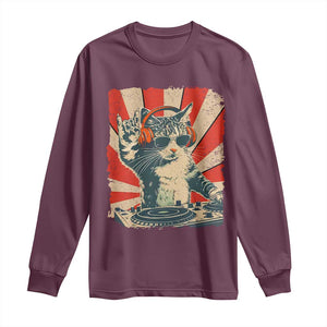 Funny DJ Cat with Headphones Retro Music Lover Long Sleeve Shirt TS11 Maroon Print Your Wear
