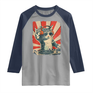 Funny DJ Cat with Headphones Retro Music Lover Raglan Shirt TS11 Sport Gray Navy Print Your Wear