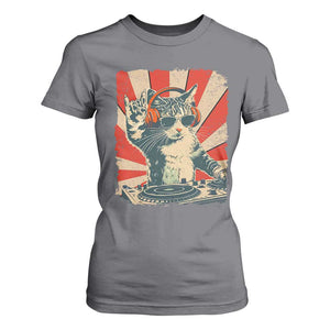 Funny DJ Cat with Headphones Retro Music Lover T Shirt For Women TS11 Charcoal Print Your Wear