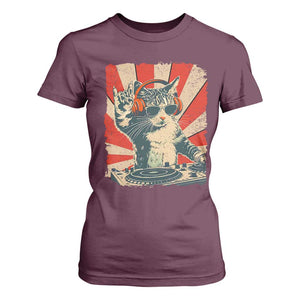 Funny DJ Cat with Headphones Retro Music Lover T Shirt For Women TS11 Maroon Print Your Wear