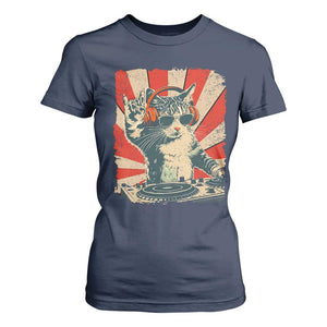 Funny DJ Cat with Headphones Retro Music Lover T Shirt For Women TS11 Navy Print Your Wear