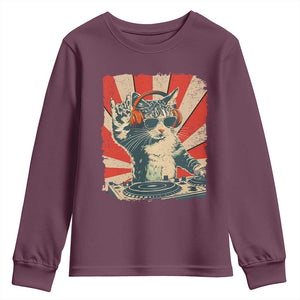 Funny DJ Cat with Headphones Retro Music Lover Youth Sweatshirt TS11 Maroon Print Your Wear