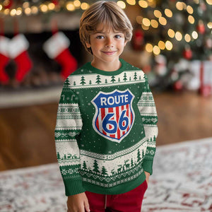 Vintage Route Highway 66 Historical Sign Distressed American Flag Road Trip Ugly Christmas Sweater TS11 Forest Green Beige Print Your Wear