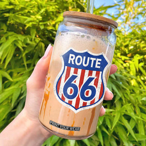 Vintage Route Highway 66 Historical Sign Distressed American Flag Road Trip Glass Can TS11 Black Print Your Wear