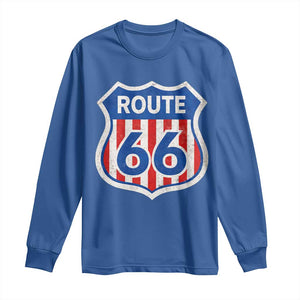 Vintage Route Highway 66 Historical Sign Distressed American Flag Road Trip Long Sleeve Shirt TS11 Royal Blue Print Your Wear