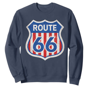 Vintage Route Highway 66 Historical Sign Distressed American Flag Road Trip Sweatshirt TS11 Navy Print Your Wear