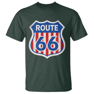 Vintage Route Highway 66 Historical Sign Distressed American Flag Road Trip T Shirt TS11 Dark Forest Green Print Your Wear
