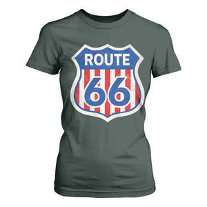 Vintage Route Highway 66 Historical Sign Distressed American Flag Road Trip T Shirt For Women TS11 Dark Forest Green Print Your Wear