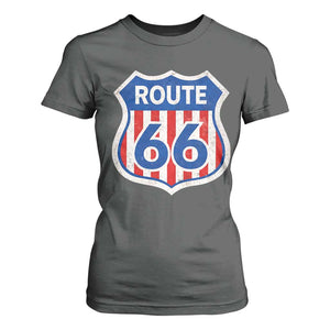 Vintage Route Highway 66 Historical Sign Distressed American Flag Road Trip T Shirt For Women TS11 Dark Heather Print Your Wear