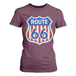 Vintage Route Highway 66 Historical Sign Distressed American Flag Road Trip T Shirt For Women TS11 Maroon Print Your Wear