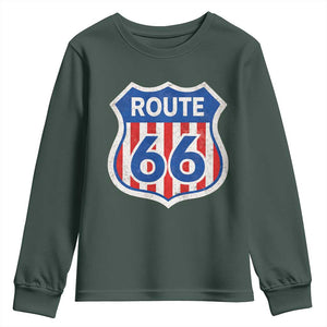 Vintage Route Highway 66 Historical Sign Distressed American Flag Road Trip Youth Sweatshirt TS11 Dark Forest Green Print Your Wear