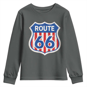 Vintage Route Highway 66 Historical Sign Distressed American Flag Road Trip Youth Sweatshirt TS11 Dark Heather Print Your Wear