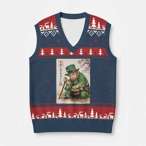 Vintage Japanese Leprechaun St Patricks Day Shamrock Ukiyo e Art V-Neck Knit Sweater Vest TS11 Navy Red Print Your Wear