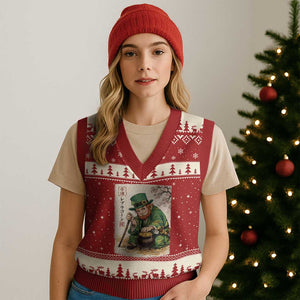 Vintage Japanese Leprechaun St Patricks Day Shamrock Ukiyo e Art V-Neck Knit Sweater Vest TS11 Red Beige Print Your Wear