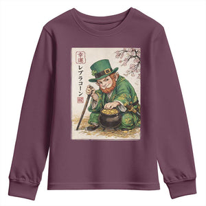 Vintage Japanese Leprechaun St Patricks Day Shamrock Ukiyo e Art Youth Sweatshirt TS11 Maroon Print Your Wear