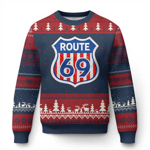 Vintage Route 69 Highway Road Trip Sign Distressed American Flag Ugly Christmas Sweater TS11 Navy Red Print Your Wear